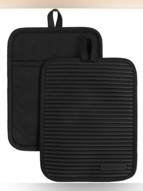 Ribbed Soft Silicone Pot Holder 2-Pack Set,  Black, 7"X9"